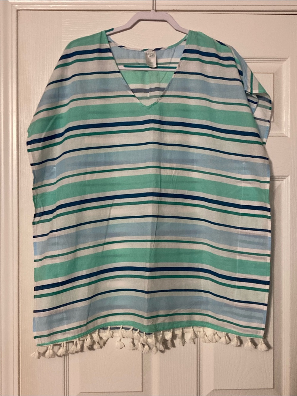 ⭐️⭐️ Kona Sol Striped V-Neck Tassel Coverup in Mint, Light Blue & Navy